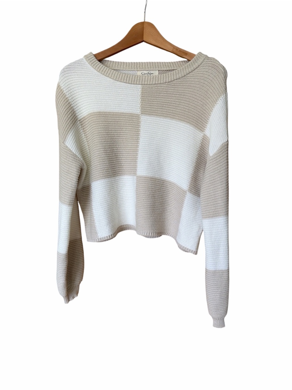 Jessica Simpson Beige and White Striped Cropped Crewneck Sweater